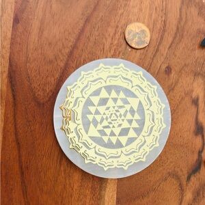 3.23" Selenite Charging Plate Gold Sri Yantra Crystal Cleansing Coaster